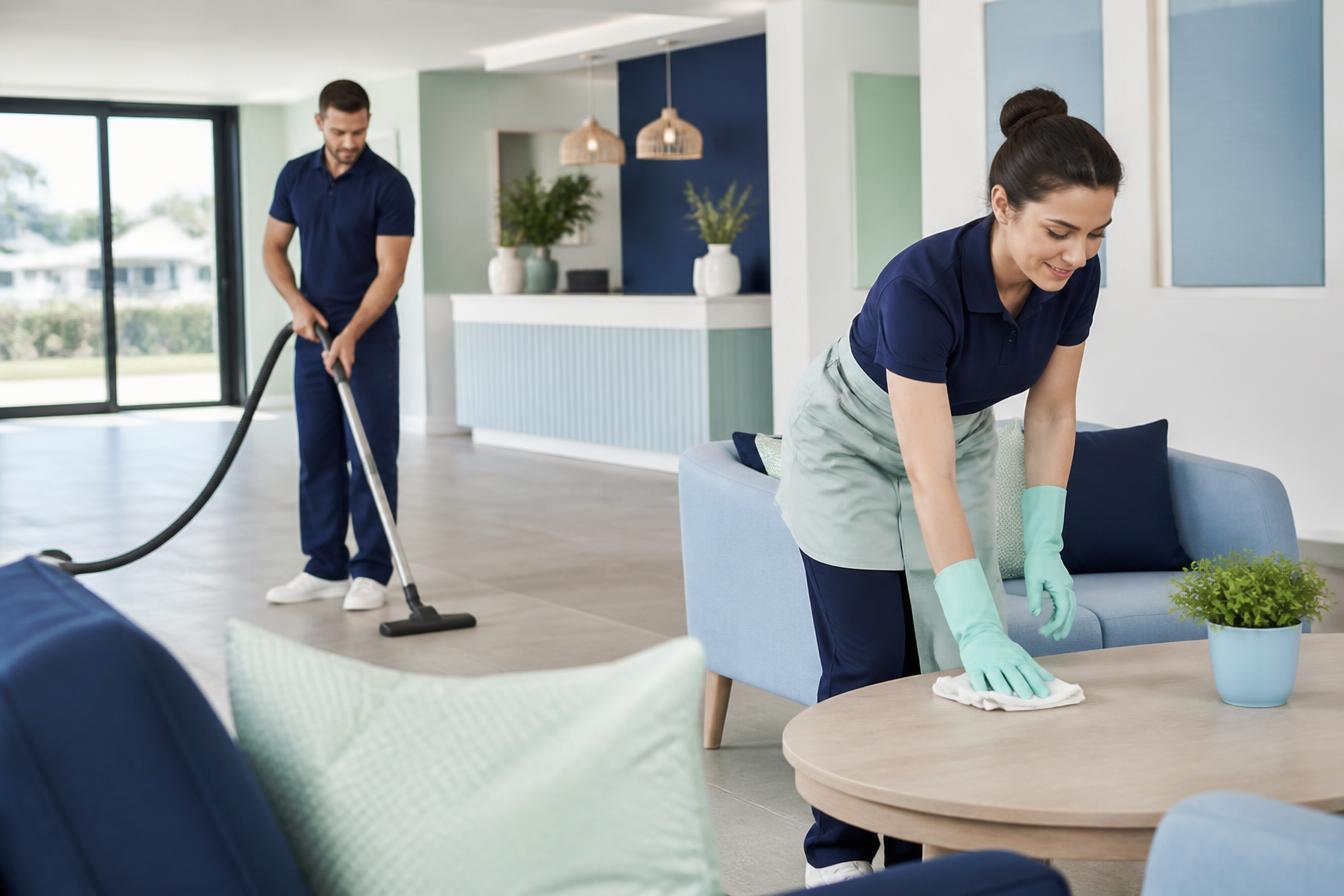 Shadann teamlid dat een professionele werkruimte schoonmaakt